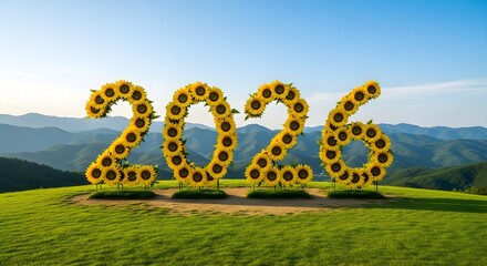 Sunflowers arranged as the year 2026 on a hilltop