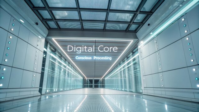 Futuristic Digital Core with Neon Lights in Modern Interior Architecture for Advanced Technology Concepts