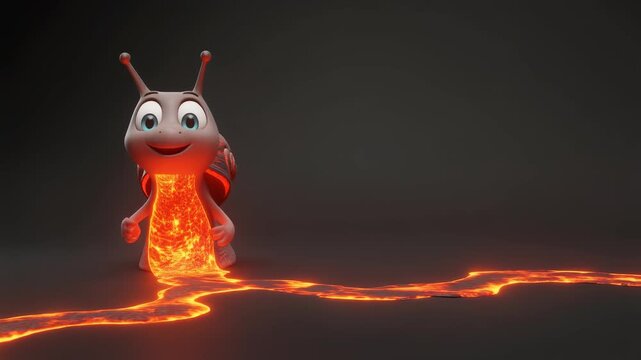 A cartoon snail with a fiery body and glowing lava trail on a dark background, creating a vibrant contrast.