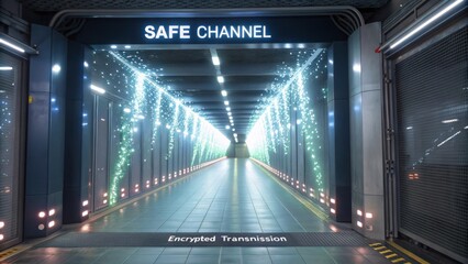 Futuristic Secure Passageway with Encrypted Transmission Visuals in a Digital Environment