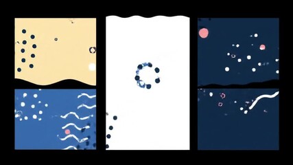 Abstract motion graphic featuring three vertical panels displaying minimalistic geometric patterns, including dots, wavy lines, and circular shapes in a modern Memphis design style with blue and yello