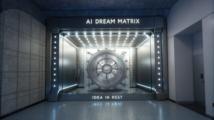 Futuristic vault entrance showcasing AI Dream Matrix concept with illuminated sign and sleek metallic design elements
