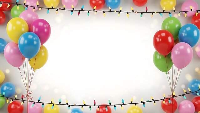 Colorful balloons and string lights border with white copy space