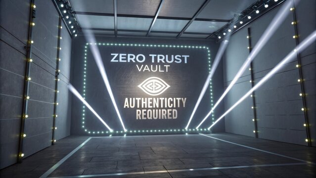 Futuristic Secure Vault with Lighting and Zero Trust Signage for Modern Digital Security Concepts and Authenticity Requirements