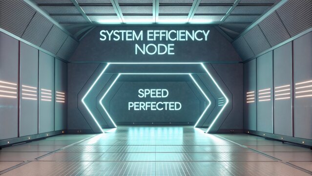 Futuristic Technology Room with Neon Lights Displaying System Efficiency Node and Speed Perfected Signage