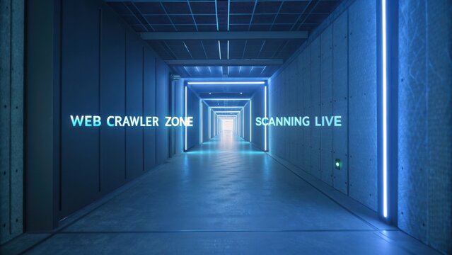 Futuristic Technology Corridor with Glowing Text and Dynamic Lighting for Digital Art and Innovation Concepts