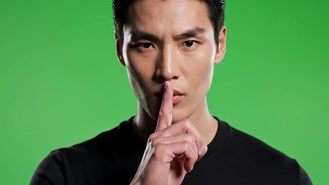 Serious Asian Man Gesturing Silence with Finger on Lips Against Green Screen A Studio Portrait of Confidentiality and Secret Keeping.