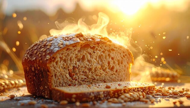 Macro of steaming warm whole wheat bread cut open, revealing a soft interior filled with whole grains and seeds
