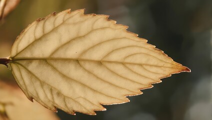 Close-up of a single, backlit, light-brown leaf with intricate veins and a slightly jagged edge