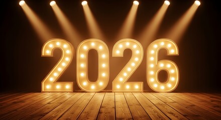 Illuminated 2026 sign on a wooden stage with spotlights