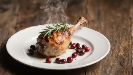 A steaming roasted fowl leg garnished with rosemary and cranberries, served on a white plate