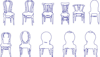 The image features a collection of eleven chair outlines rendered in a blue line art style, showcasing a diverse range of chair designs. Victor Illustrator Design