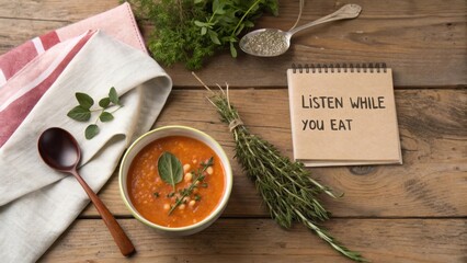 Healthy soup with herbs and note on wooden table, emphasizing mindful eating and culinary enjoyment in a rustic setting