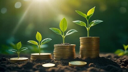 Growing plants on coins financial growth economic investment concept