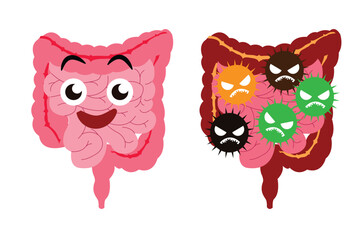 Healthy intestine versus infected intestine with harmful germs, illustrating digestive health contrast