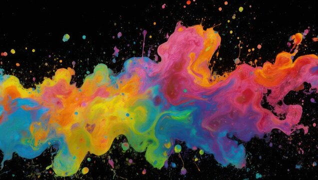 A vibrant, flowing plume of rainbow colors bursts against a stark black background