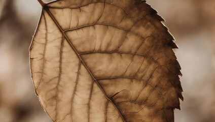 Macro shot of a dried, textured leaf showing intricate veining, sepia tones, and natural light