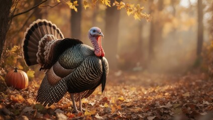 A majestic turkey stands proudly in a sunlit autumn forest, with fall foliage and a pumpkin