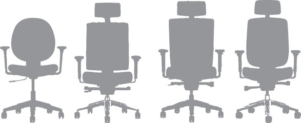  lineup of four gray office chairs, each showcasing a consistent color while differing in design elements, which allows for a comparative analysis of their styles and functionalities.
