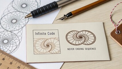 Infinite Code Concept with Spirals and Technical Drawings on a Wooden Desk for Creative Inspiration and Design Ideas