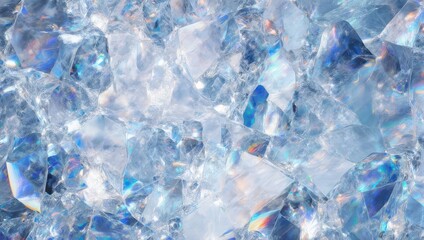 Close-up view of a crystalline structure with reflective facets, iridescent hues of blue and white