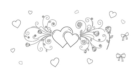 Delicate black and white line art of two intertwined hearts with floral swirls and roses. A romantic decorative element perfect for wedding or anniversary cards