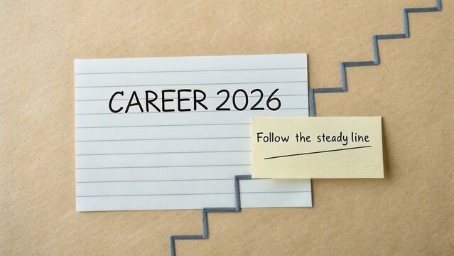 Inspirational message for career planning in 2026 with notes and paper on a textured background showcasing growth