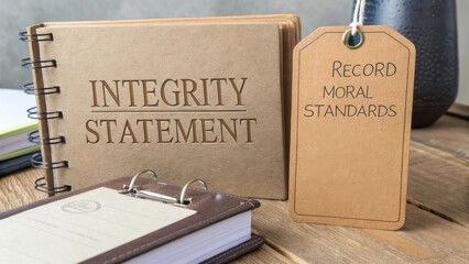 Integrity Statement Document with Tag on Wooden Table for Record of Moral Standards and Ethical Values Representation