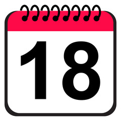 Calendar date icon presenting number 18 with red and white spiral page styling, essential planning reminder icon used for organization, scheduling and daily management