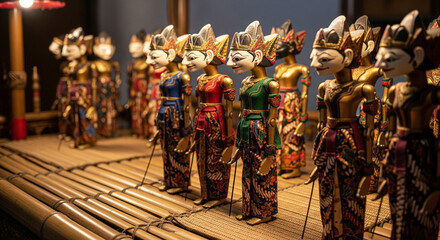 Fototapeta premium Rows of female puppets in colorful batik clothing are neatly displayed on a bamboo stage, showcasing the beauty of traditional Javanese handicrafts.