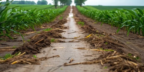 A dirt path through lush green cornfields under a cloudy sky.