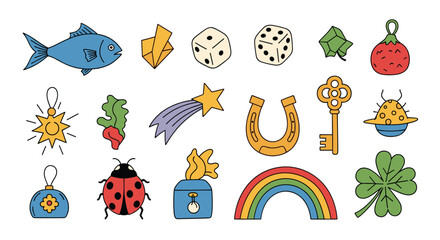 A vibrant collection of hand-drawn good luck charms and positive fortune symbols on a white background.