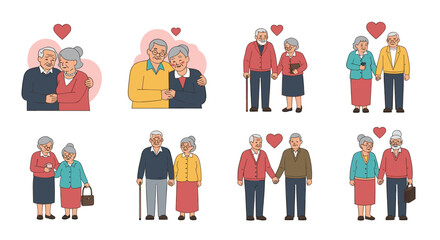 A collection of heartwarming illustrations depicting diverse elderly couples expressing love, companionship, and happiness in various tender moments.