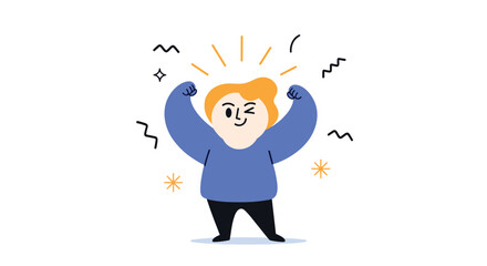 A cheerful cartoon character flexes their biceps, winking and radiating confidence and success.