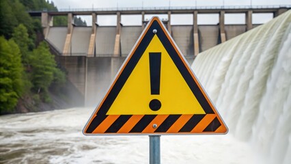 Warning sign near a dam with water flowing, indicating potential danger.