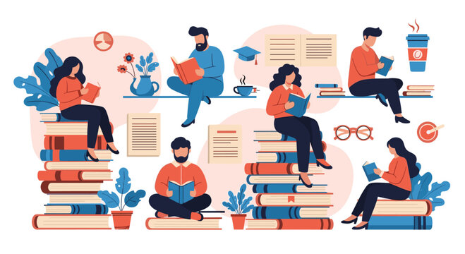 Diverse group of people happily engaged in reading books, some sitting on stacks of literature, promoting education and knowledge.