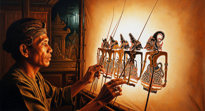 A portrait of a puppeteer operating a shadow puppet behind a screen with warm lighting, showing the details of the expressions, hands, and puppet characters that are moved with great skill.