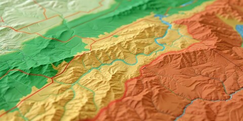 Topographic map showcasing varied elevations and landforms in vibrant colors.
