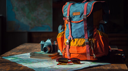Vibrant Hiker's Backpack, Vintage Camera, Map, and Sunglasses Resting on a Wooden Table, Ready for Adventure Travel