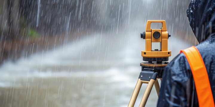 Surveying equipment used in the rain, highlighting a professional in a challenging outdoor environment.