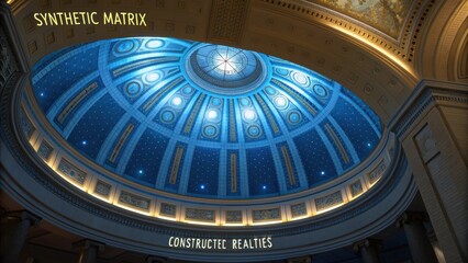 Majestic dome with intricate designs and glowing lights illuminating the ceiling in a grand architectural space