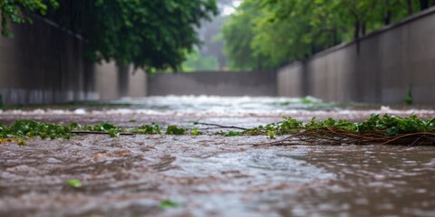Flooded pathway surrounded by greenery under rainy weather.
