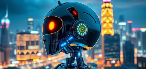 Sleek chrome android with glowing circuits against a futuristic cityscape backdrop, metal, feminine