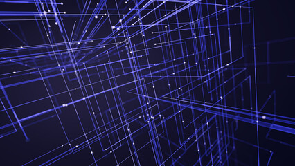 Digital network visualization with angular blue grid lines and glowing dots on dark background,