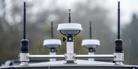 A close-up of a weather monitoring device with antennas, under rainy conditions.