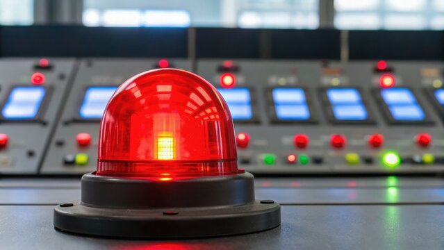 Red emergency light on control panel with buttons and indicators in background.