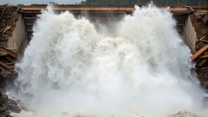 Powerful water surge breaking through a dam, showcasing nature's force and engineering challenges.