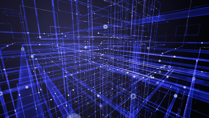 Complex digital structure of blue lines and white nodes symbolizing AI processing