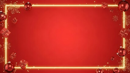 Festive red background with neon frame and christmas ornaments