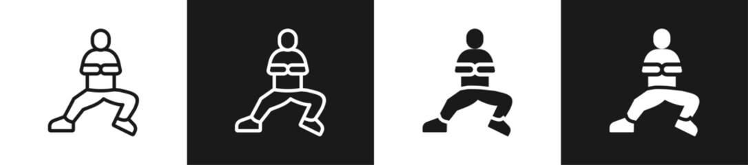 Hamstring Stretch Line And Solid Version Icon Set With Black And White Background
